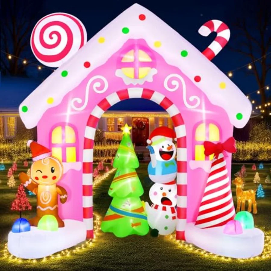 

Outdoor 10Ft Gingerbread Inflatable Archway in Pink with Built-in Colorful LEDs, Candy Gingerbread Man Design for Yard or Indoo