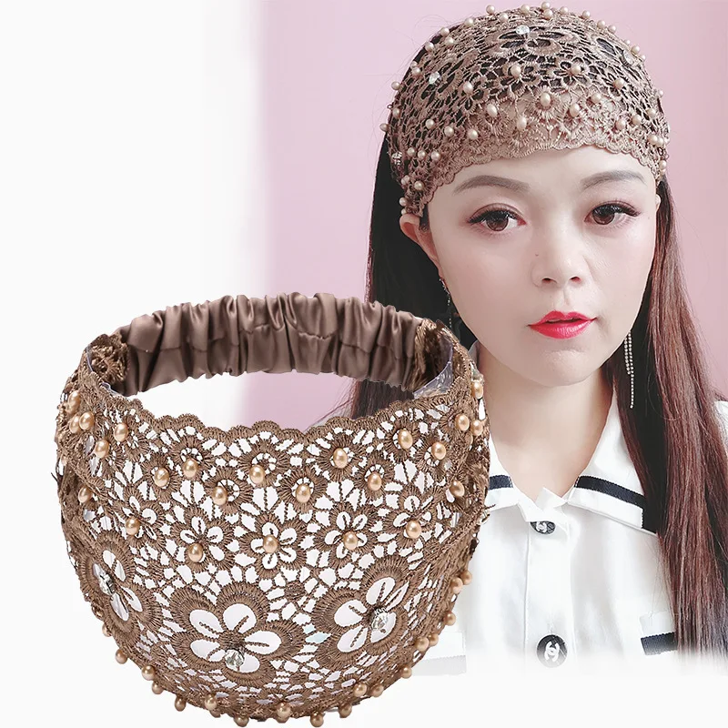 Lace Headbands For Women;Wide Floral Pearl Lace Elastic Headbands Hair Accessories For Women Fashion