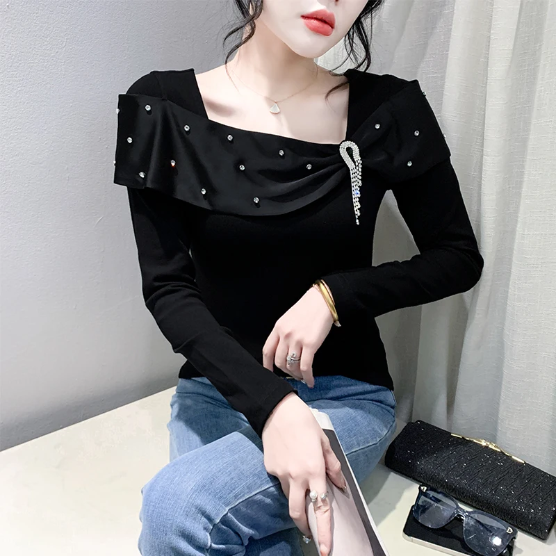 Damska bluzka Bla Long Sve, bazowa, na wiosnę i jesień, nowa, seksowna, z kwadratowym dekoltem, zdobiona cyrkoniami, dopasowana, modna bluzka typu bloomers.