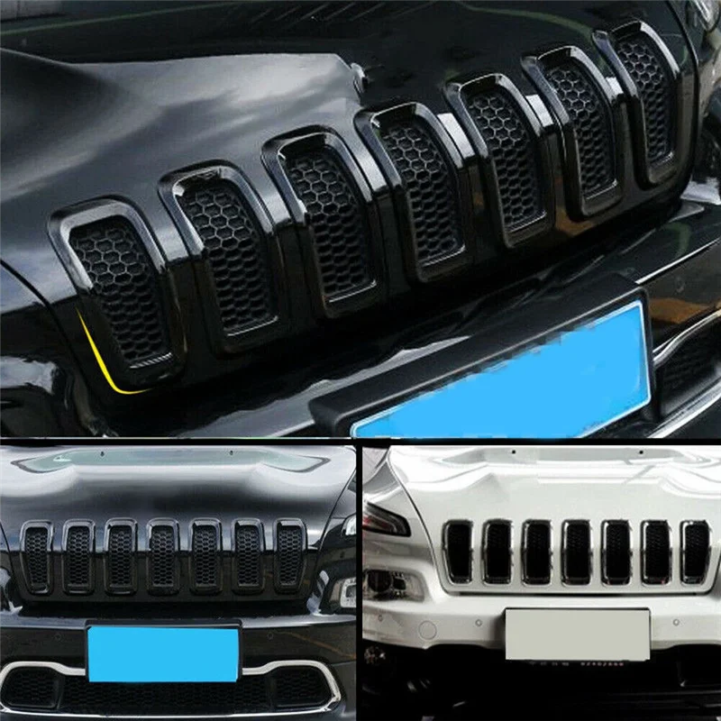 

7PCS Car Front Bumper Central Grill Cover Trim Mesh Honeycomb Racing Grilles Replacement For Jeep Cherokee 2014-2018(Black)