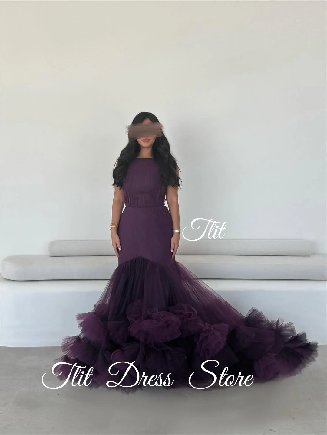 TLIT Elegantes tiefes lila Tüll-Abendkleid mit Neckholder, Ballkleider, Satin-Falten, Tüll, rückenfrei, maßgeschneidert, Vestidos de Fiesta