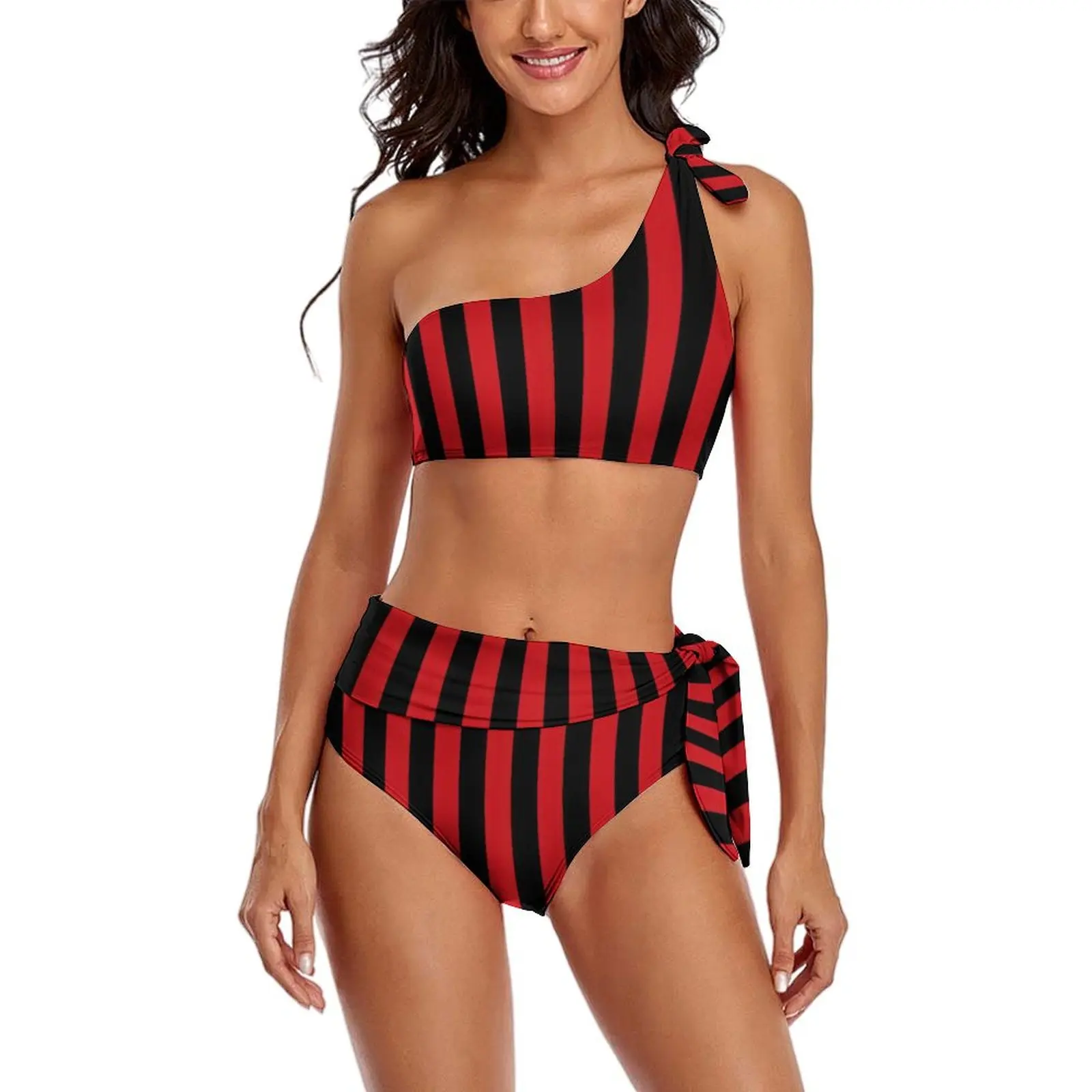 

Vertical Striped Bikini Swimsuit Sexy Red and Black Stripes One Shoulder Bikini Set Women Kawaii Swimwear Bathing Suit