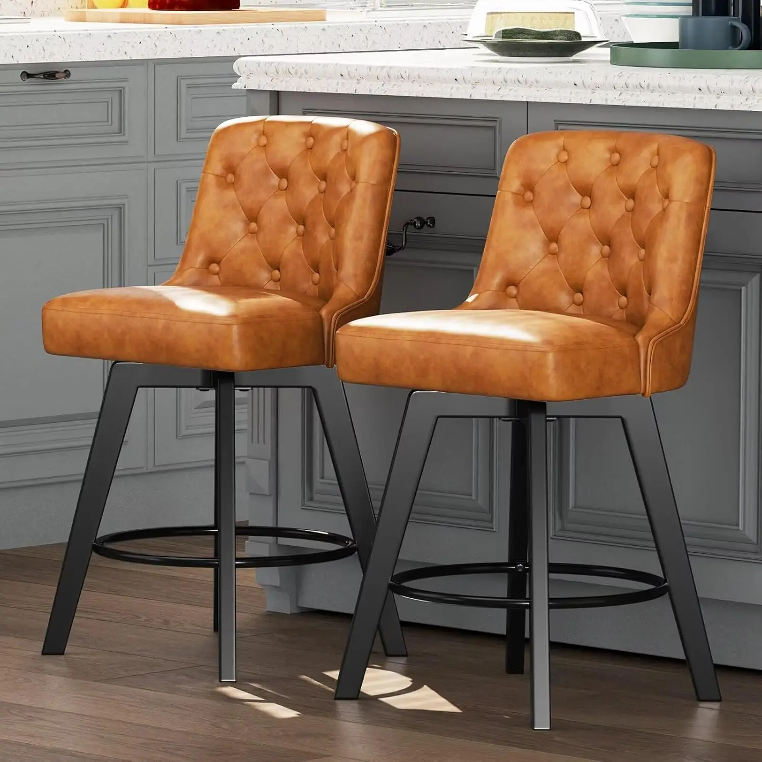 

Bar Stools Set of 2, PU Leather, 26' Upholstered Counter Stools with Swivel & Footrest, Brown