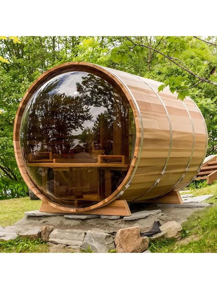 Weather Resistant Luxury Redwood Barrel Sauna Panoramic Glass Design 4-6 Person Traditional Steam Wooden Outdoor Garden Spa