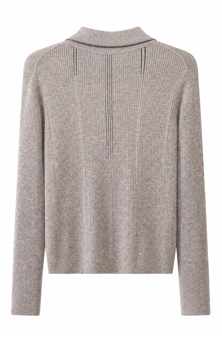 BY3621691 Damen-Polokragen-Pointelle-Strickjacke aus Wollmischung mit langen Ärmeln, halber Knopfleiste, Muschelknopfverschluss, Kette, dezenter Luxus für den Herbst – Detail 17