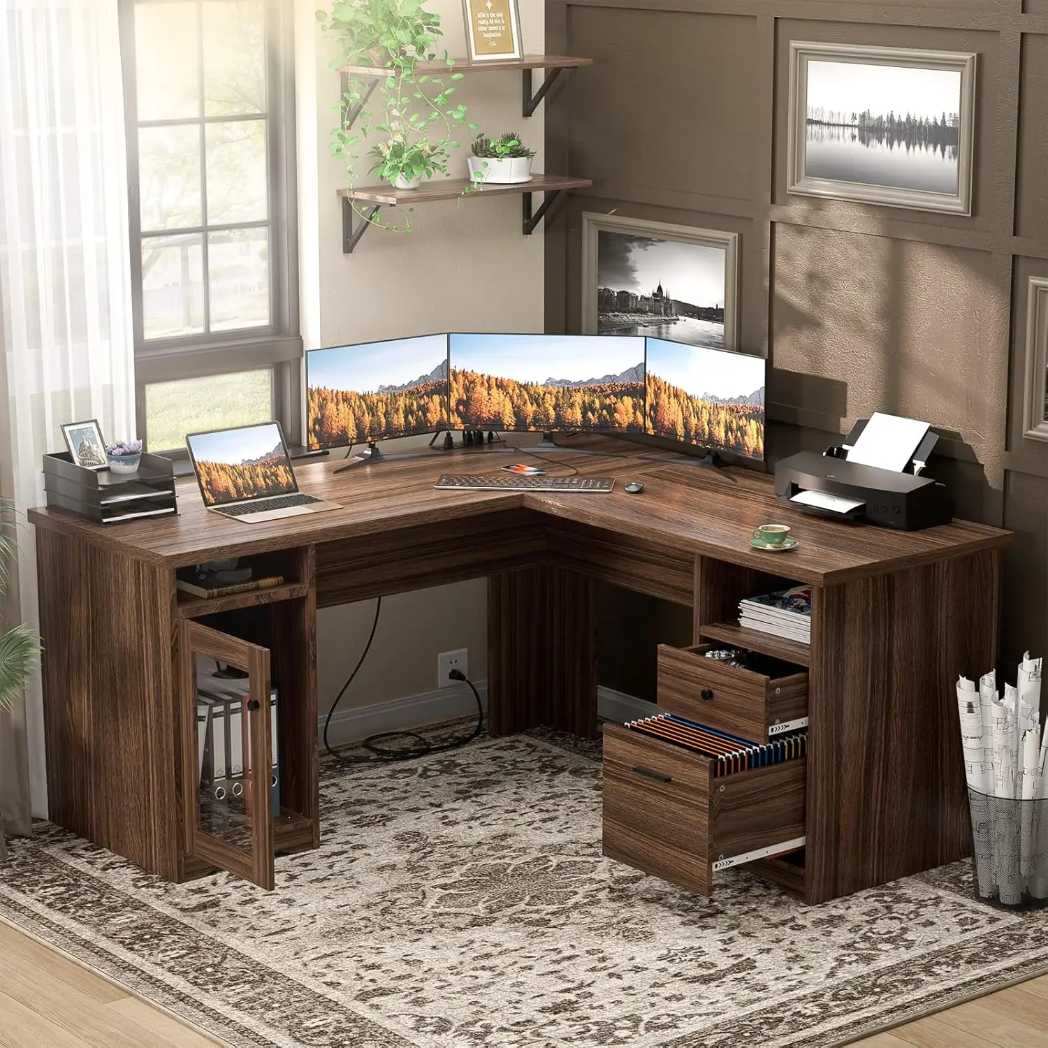 Unikito L Shaped Desk With File Cabinet, Corner Computer Desks With Power Outlets And Usb Charging Ports, Large L Shape Office