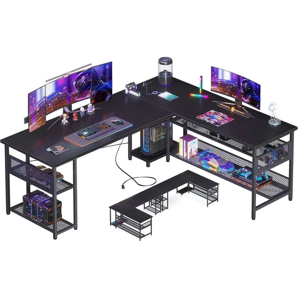 66" L Shaped Desk with Power Outlet and USB Charging Ports, Reversible L Shaped Computer Desk with Storage Shelves