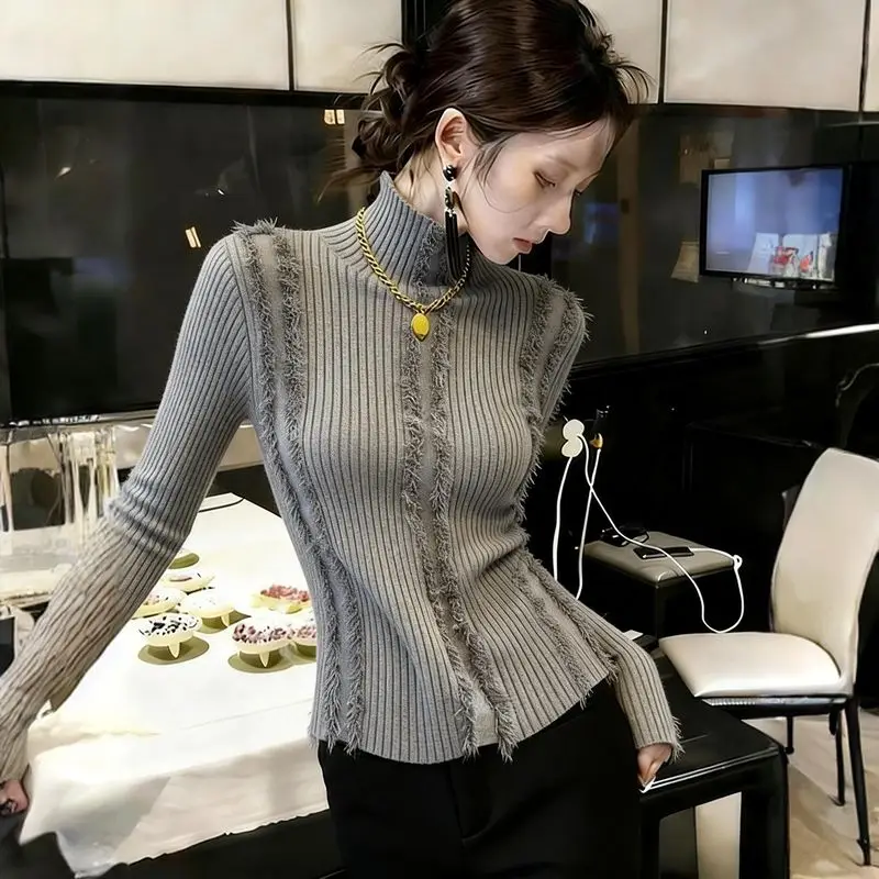 Kimutomo 2026 Autumn Winter New Tassel Knitted Sweater Women Long Sleeve Turtleneck Base Layer Top Slim Fit Casual Pullover
