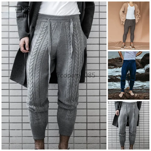 Imagen 1 del producto Suéter de punto para hombre, pantalones informales de Color sólido, pantalones ajustados de punto cálidos para otoño e invierno, pantalones largos para hombre
