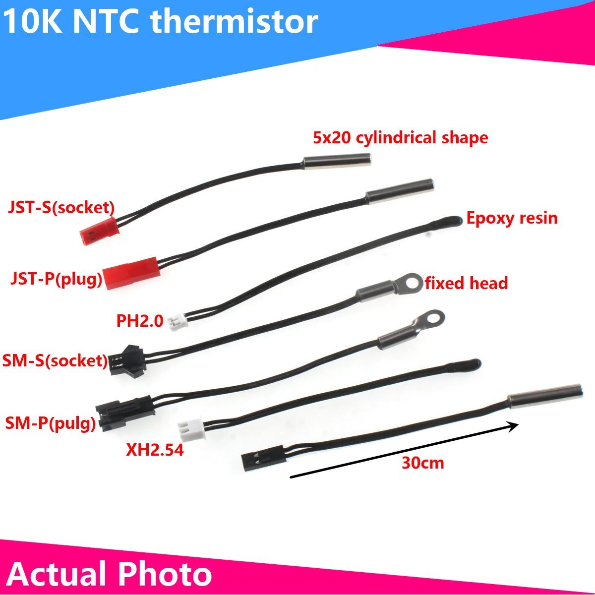 NTC Thermistor Temperature Sensor B3950 10K 1% air conditioning probe 30CM PH2.0 SM2.54 SM2.54 HEAD socket