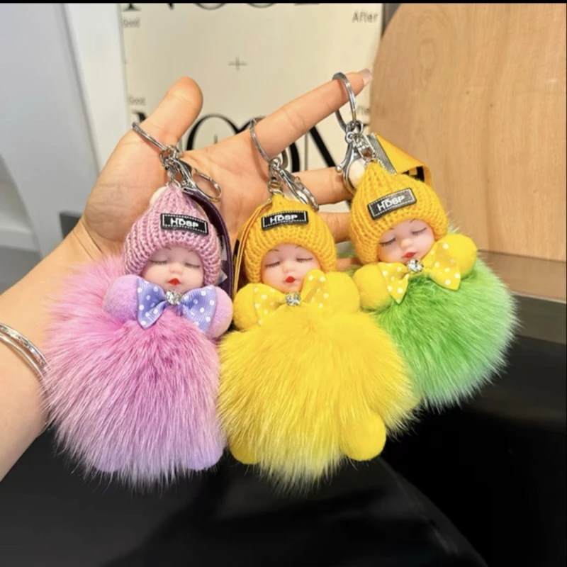 

Pompom Sleeping Baby Keychain Cute Fluffy Plush Doll Keychains Women Girl Bags Keyrings Cars Key Ring Gift Charming Decoration