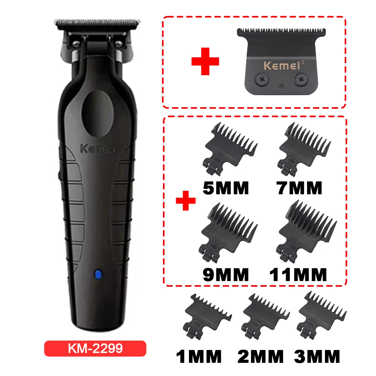 Kemei 2299 Barber Cordless Hair Trimmer 0mm Zero Gapped Carving Clipper Professional Electric Finish Cutting Machine