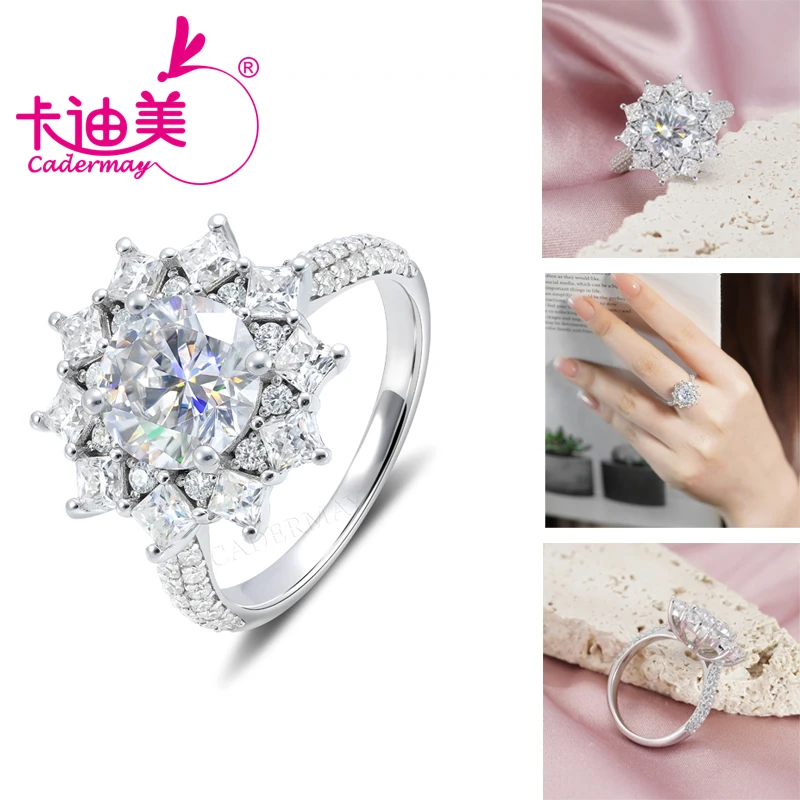 CADERMAY S925 Silver Rings White Gold Plated 8.5mm Round Shape D VVS1 Moissanite Stone Ring For Customized Women Fine Jewelry