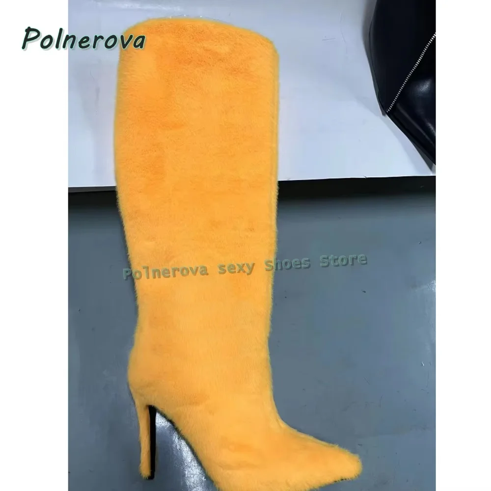 Cartoon Smiley Face Fur Fashion Boots 2026 Winter New Arrivals Pointed Toe Stiletto Color Blocking Women Sexy Knee High Boots