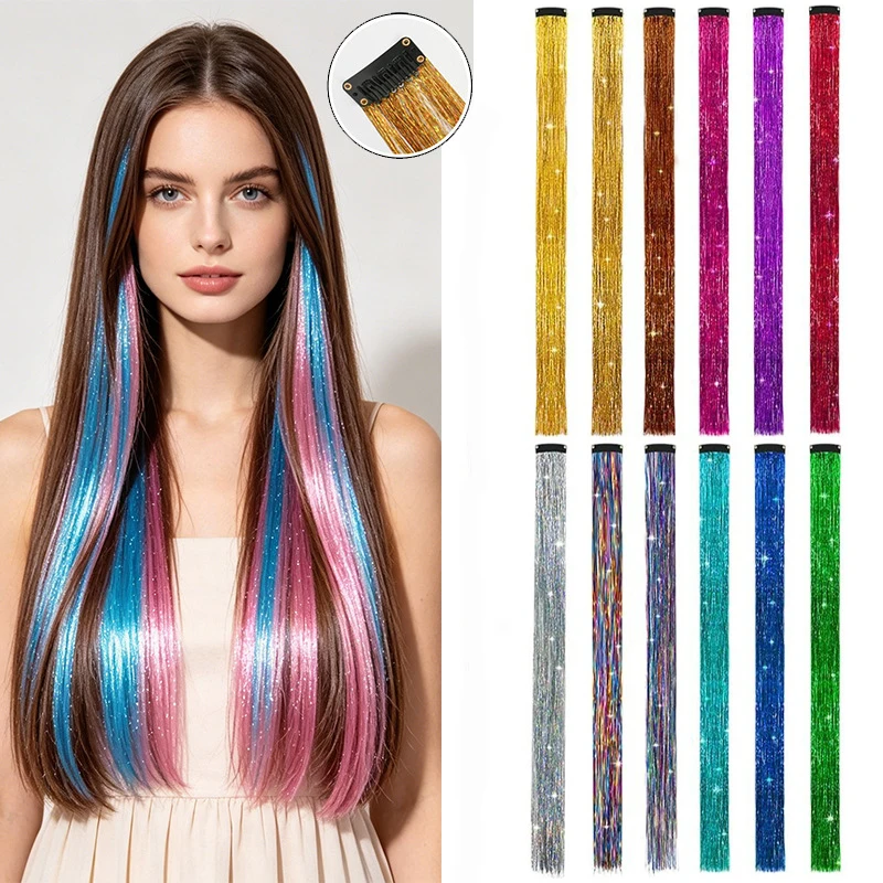 18Inch Glitter Colorful Clip On Tinsel Synthetic Hair Extensions for Girls Hair Accessories