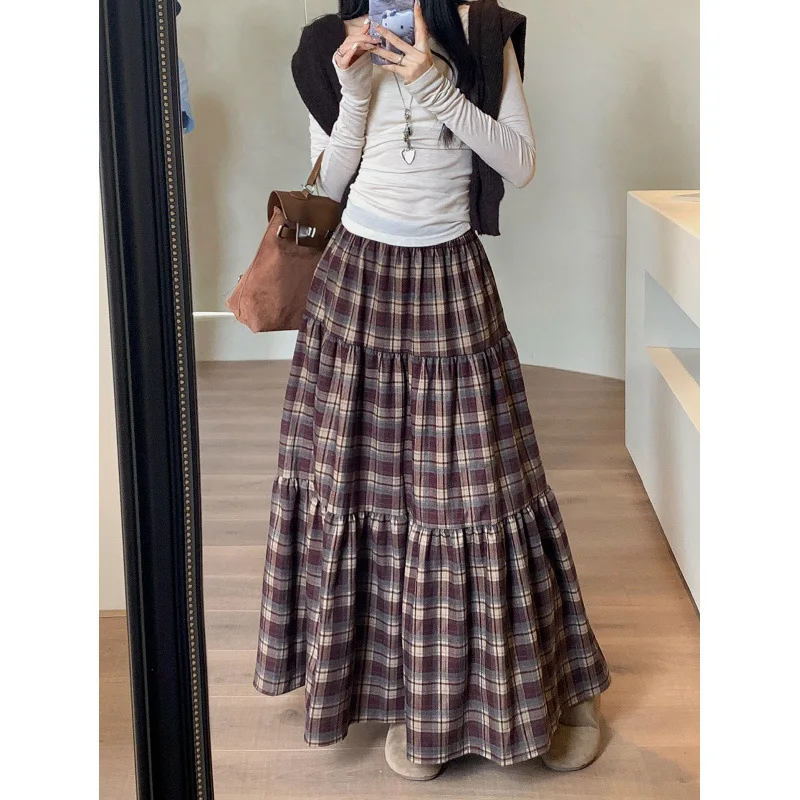 

Korean Retro Plaid Coffee Brown A-line Skirt Women Elastic High Waist Loose Tiered Midi Skirts Harajuku Preppy Commute Outfits