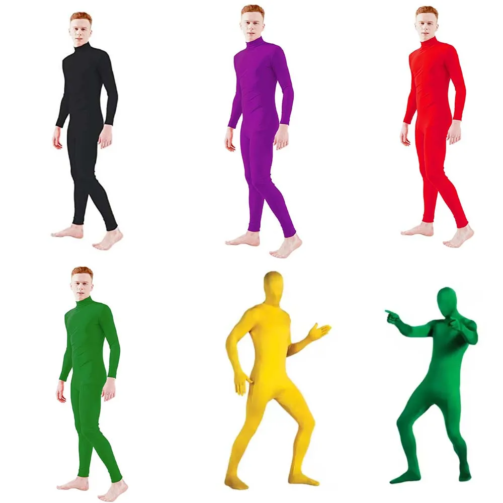 Image of Halloween-Vollbody-Kostüm mit Reißverschluss, für Herren und Kinder, ohne Kapuze, Zentai-Ganzanzug, Overalls, grüne Bühnenstrumpfhose, unsichtbares Kleid U