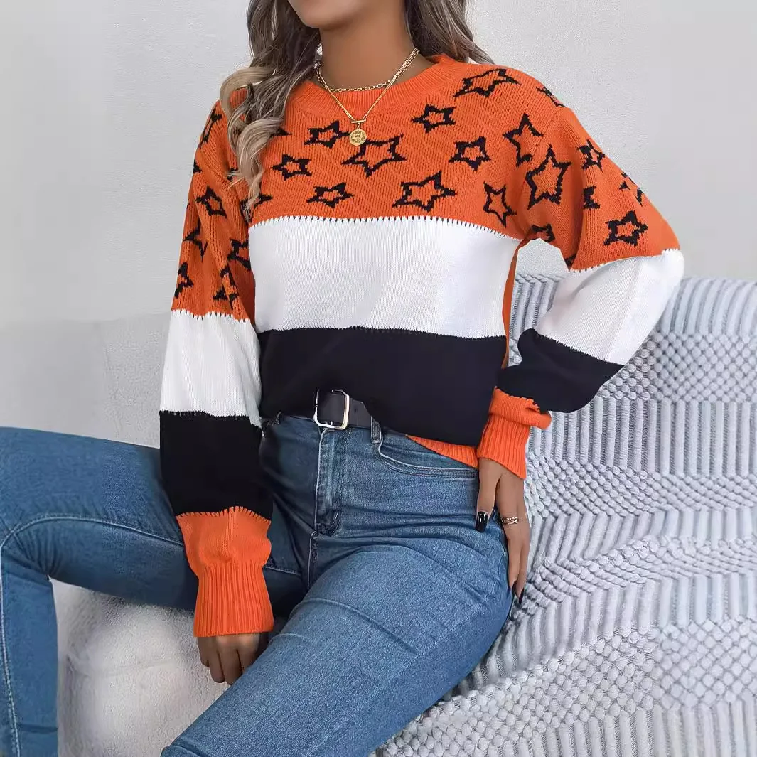 knitted Autumn And Winter Women Sweaters Casual Color Blocked Star Patchwork Hollow Lantern Sleeve Pullover Sweaters Fall Tops