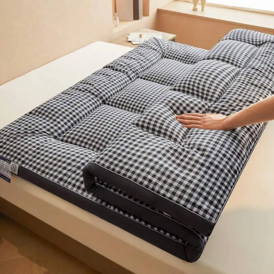 Soft Thicked Mattress Topper - Checked Flannel Bubble Breathable Fiber Filling Folding Roll Up Mattress Sleeping Pad, Comfort 6-