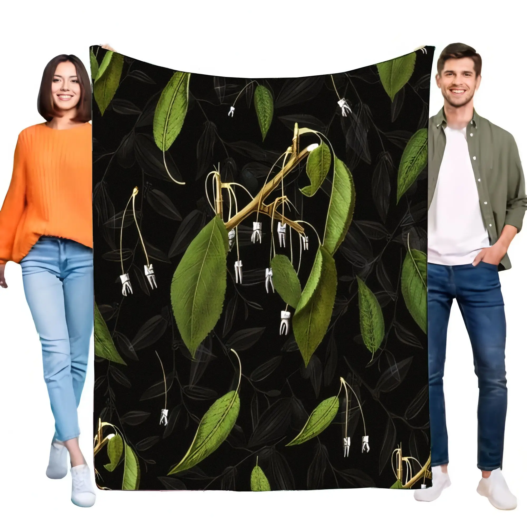 Unique Dental Teeth & Green Leaves Blanket Soft Flannel Cozy Lightweight Throw for Sofa Bed Couch Decor Gift Dentist Hygienist