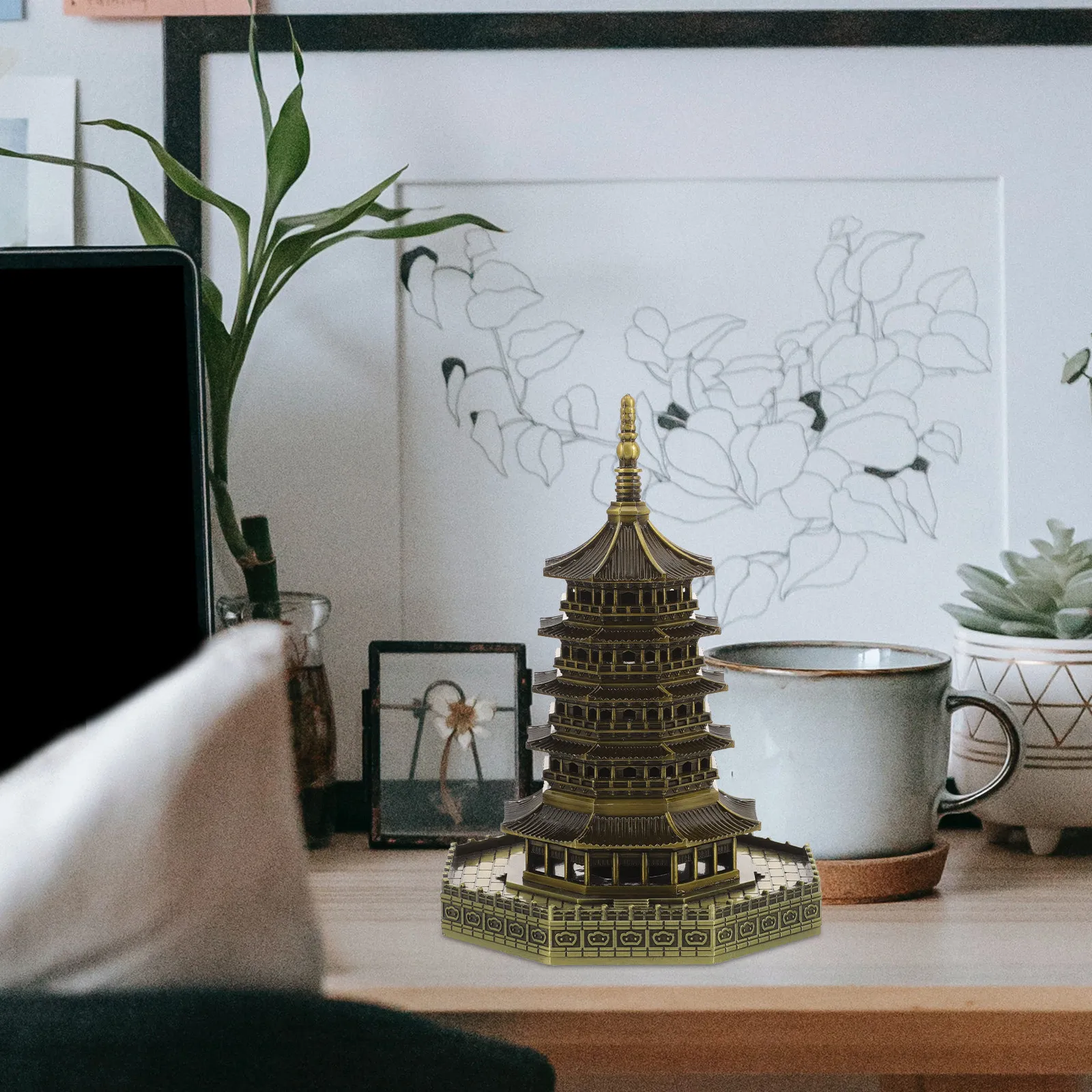 Alloy Pagoda Statue Landscape Decor for Garden Bonsai Home Desktop Outdoor Zen Decoration Mini Pavilion Ornament Sandstone Style