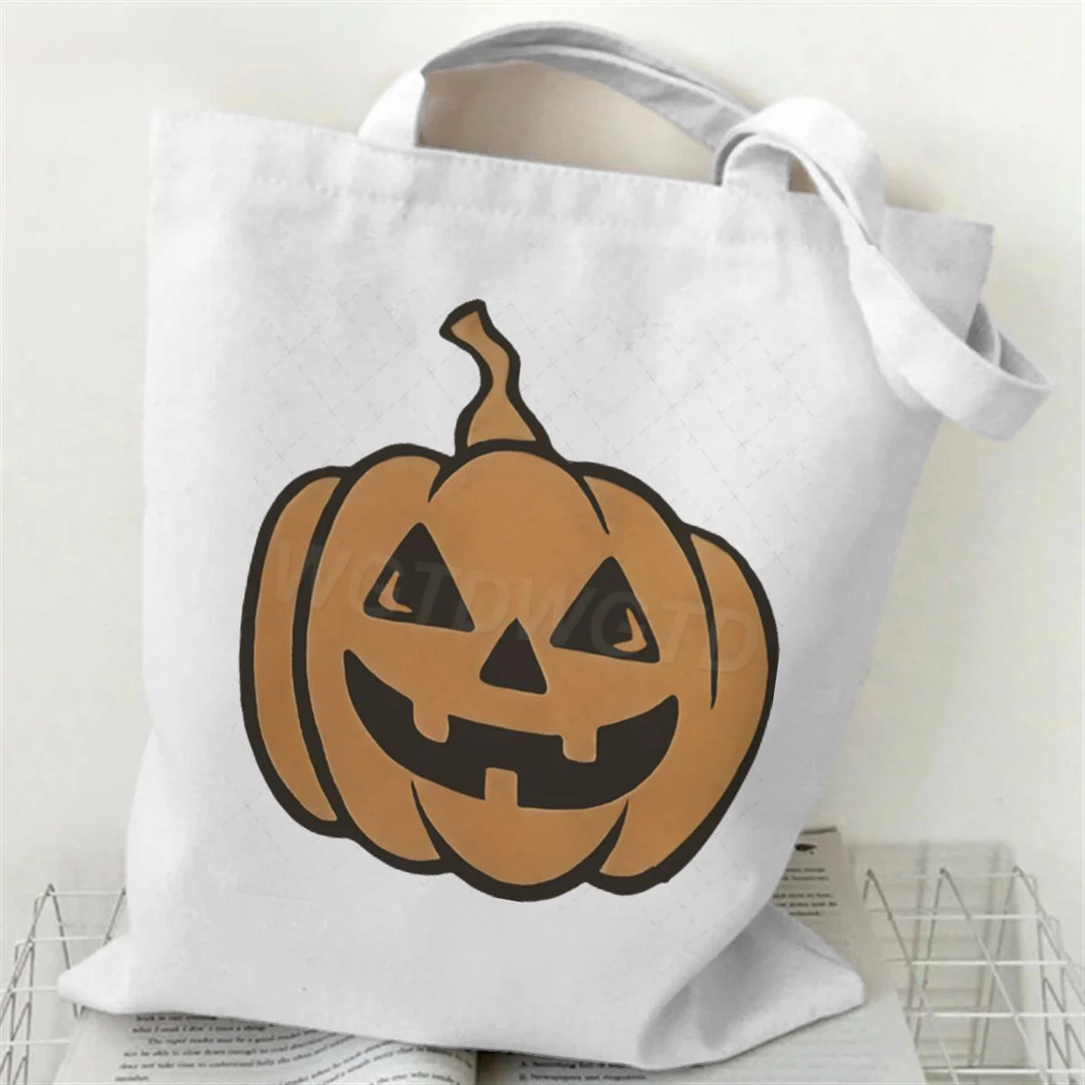 Halloween Cartoon Pumpkin Pattern Canvas Bag for Men and Women Reusable Eco Shopping Shoulder Bag Simple Trendy Youth Canvas Bag