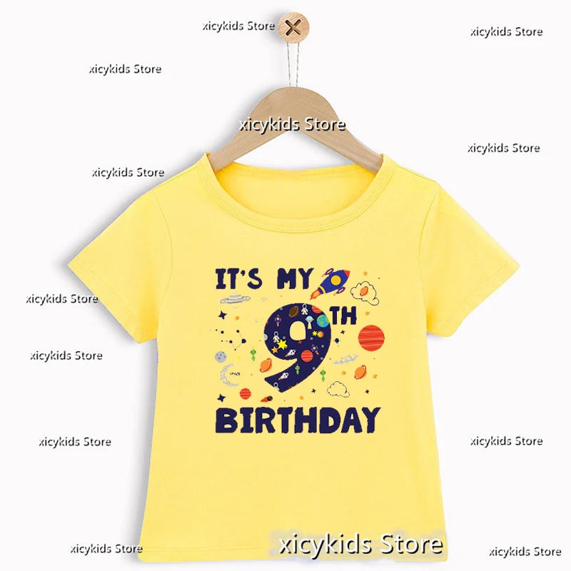 It Is My Birthday Space Number 2-10 T-Shirt Astronaut Rocket Ship Print Short Sleeve T-Shirts Gift Boys Girls Kids Clothes Tops