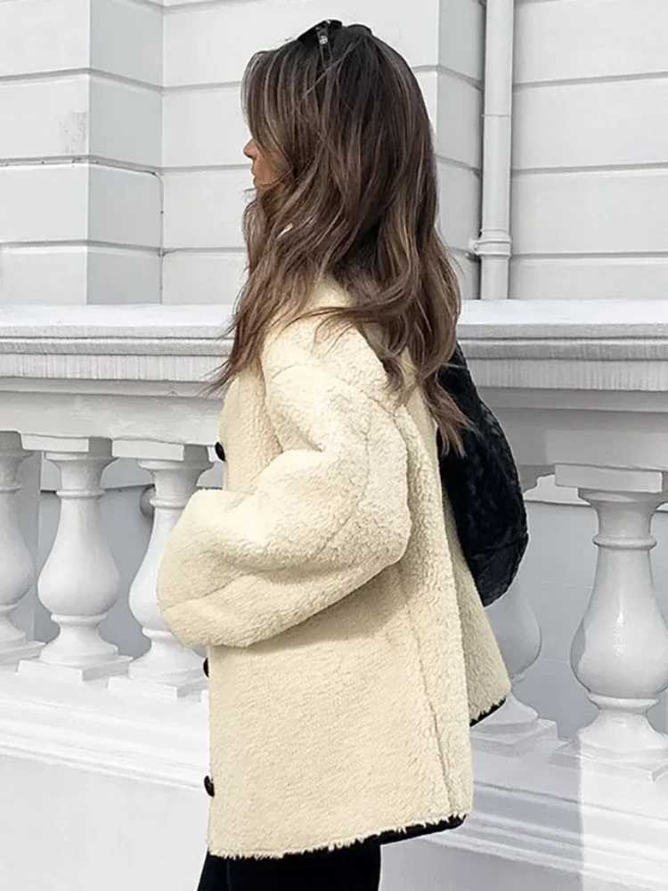BWQ Women's Faux Wool Warm Loose Jacket Coat Round Neck Single Breasted Double Pocket Casual Overcoat Winter Female Chic Coat 4
