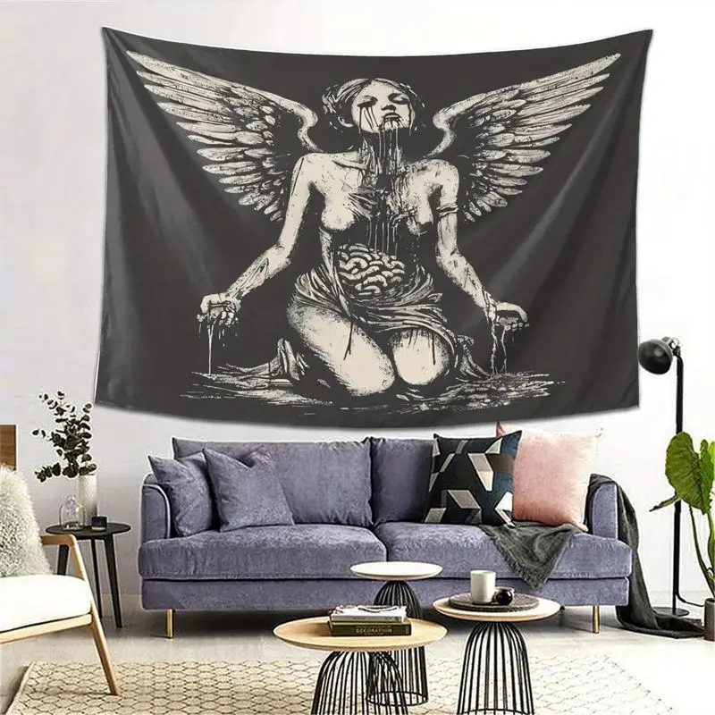 VIKAMA Dark Gothic Fallen Angel Tapestry Black White Grunge Weeping Angel Wall Hanging Dark Art Poster Bedroom Dorm Wall Decor