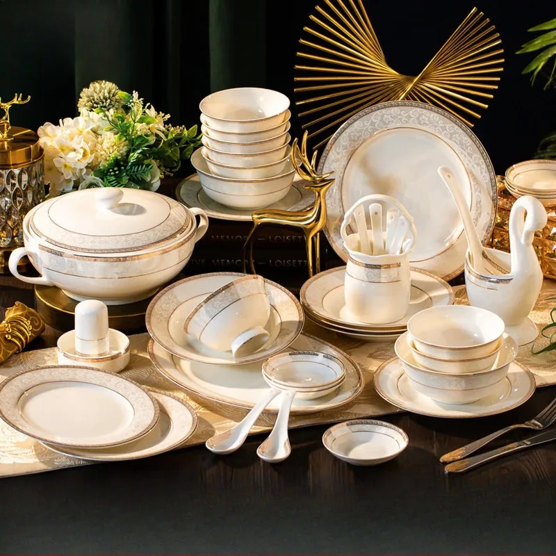 a complete set of light luxury and simple bone china dishes and dishes, a set of household housewarming wedding gifts