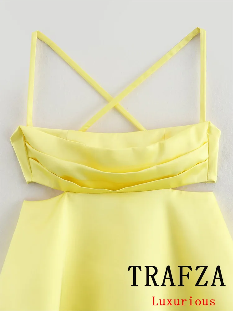 TRAFZA Vintage Casual Women Cami Dress Yellow Solid Hollow Out Ruffles Mini Vestidos Fashion 2024 Summer Party Dress