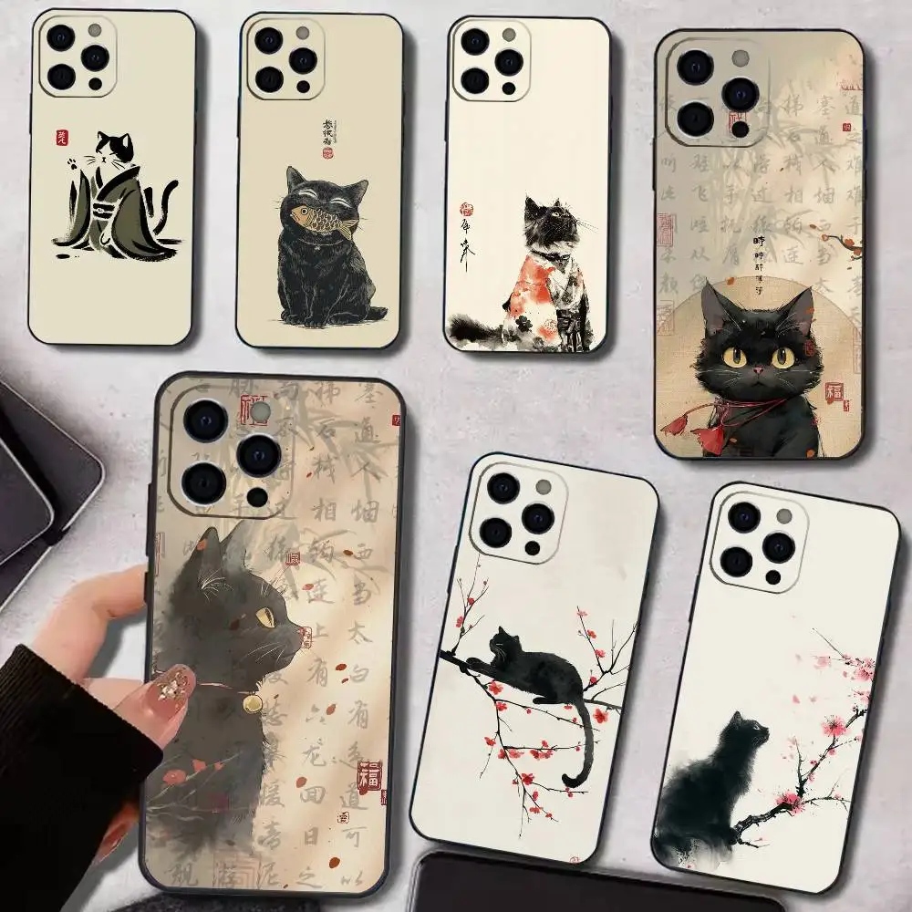 

Oriental Style Black Cat Phone Case Silicone Soft For IPhone 17 16 15 14 13 12 11 X XR Plus Pro Max Plus