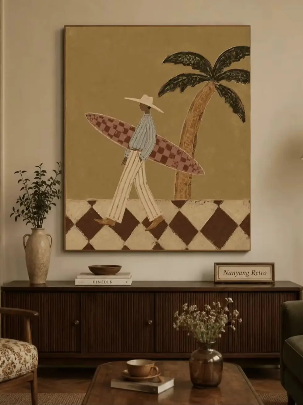 Vintage neutrale Surfer-Palmen-Wandkunst-Leinwanddrucke, Bohemian-Strandposter für Schlafzimmer, Wohnzimmer, Küsteneingangsbereich