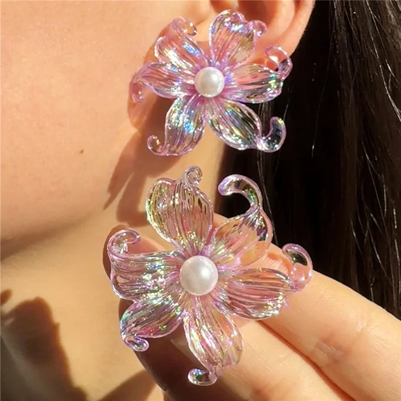 Large Flower Iris Transparent Crystal Imitation Pearl Stud Earring for Women Purple Pink Green Color Jewelry Christmas Gift