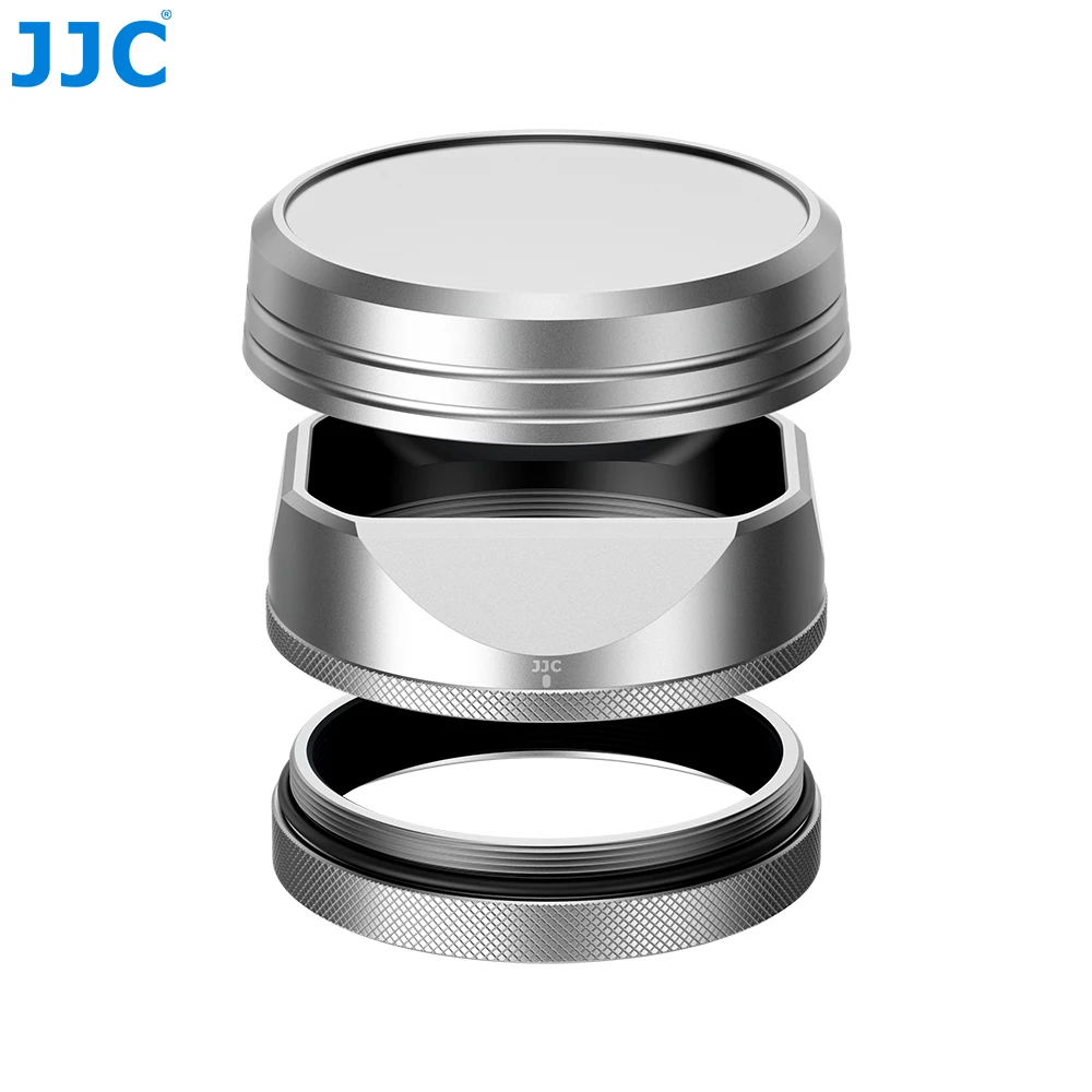 

JJC Square Metal Lens Hood for Fujifilm Fuji X100VI X100V X100F Camera Accessories with Lens Cap 49mm Adapter Ring Kit Silver