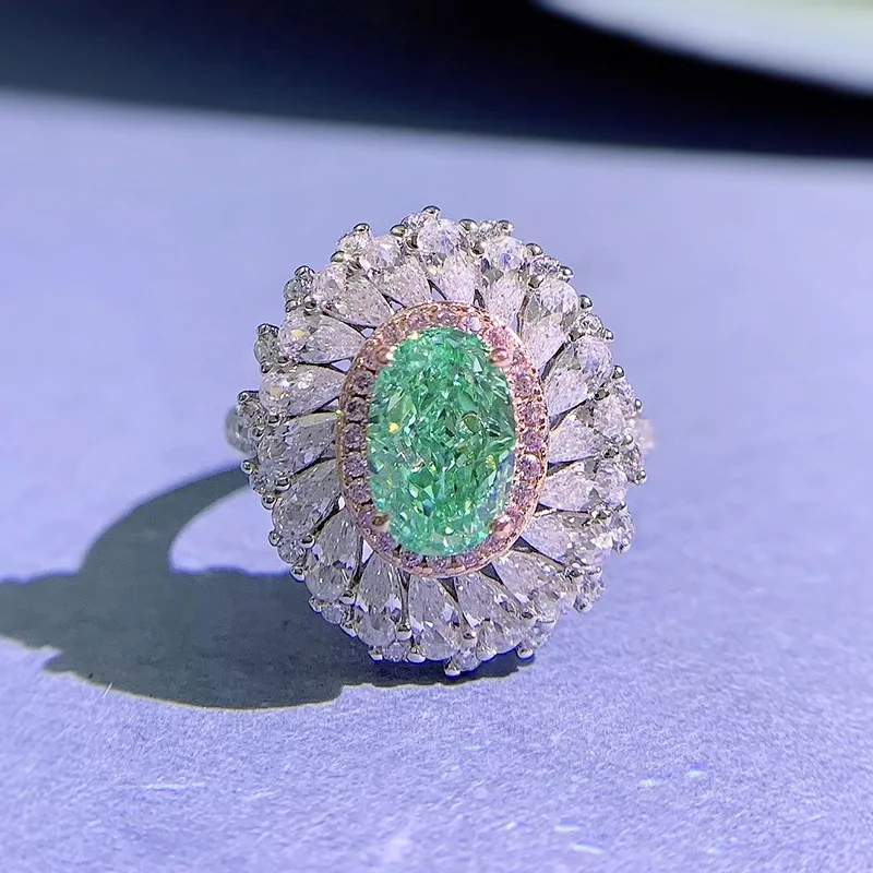 S925 Silver Paraiba 6 * 9 Ring Women's Design Zircon Inlay European and American Fashion Style Women's Jewelry