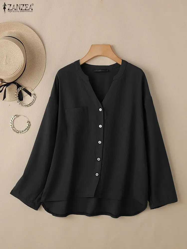 Women's Black Shirts Spring 2026 Casual Loose V-Neck Long Sleeve Solid Color Button High-Low Shirt ZANZEA Woman Clothes 4 Colors