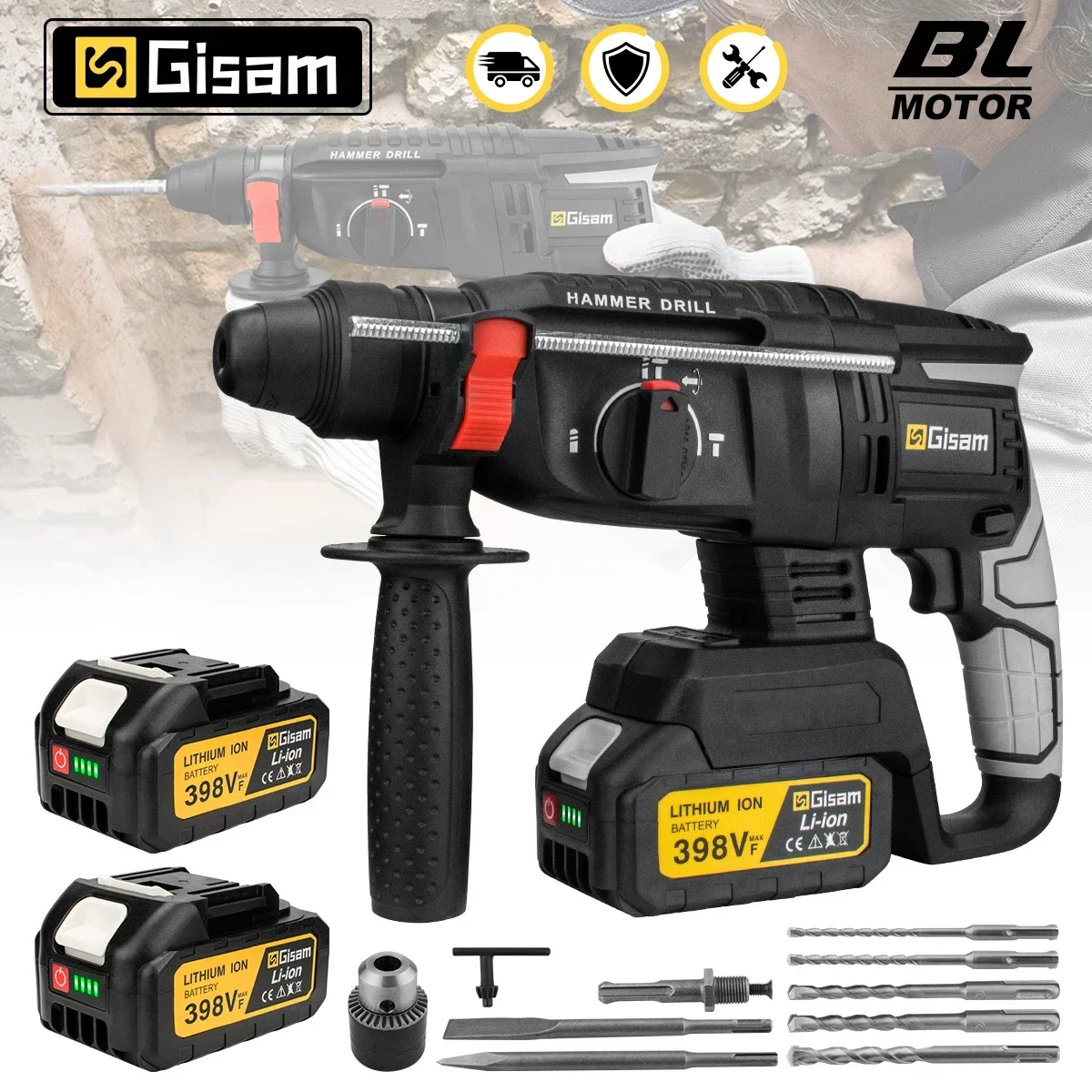 Gisam 26mm Brushless Electric Hammer Rechargeable Multifunction Electric Rotary Impact Drill Power Tool For Makita 18V Battery