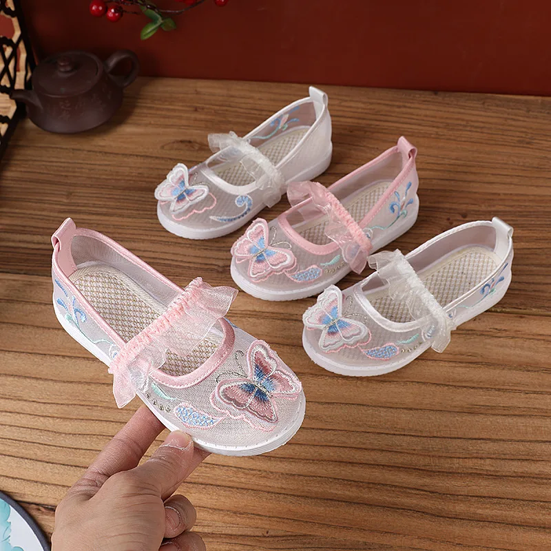 Summer Children Girls Mesh Ballet Flats with Platforms Chinese Embroidery Kids' Casual Play Shoes Comfortable