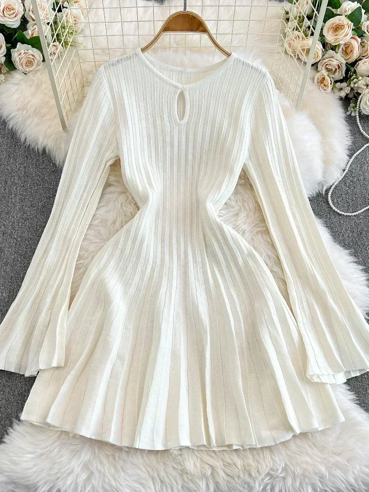 Autumn Warm Knitted Hepburn Dress Women Chic Elegant O-Neck Solid Mini Dress Female French Sexy Fashion Elastic Slim Sweater New