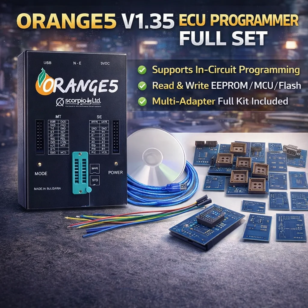 

Программатор ЭБУ Orange5 V1.35, диагностический инструмент, полный комплект / версия с основным кабелем / синий адаптер (опционально) для программирования автомобильных ЭБУ