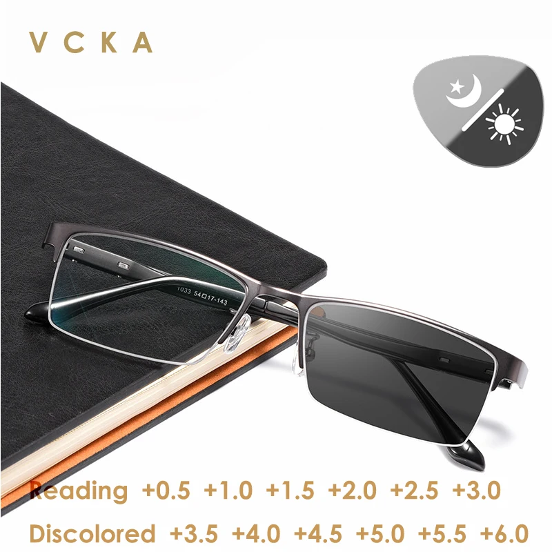 

VCKA Titanium Alloy Photochromic Reading Glasses Men Square Business Discoloration Presbyopia Hyperopia Eyewear Gafas De Lectura