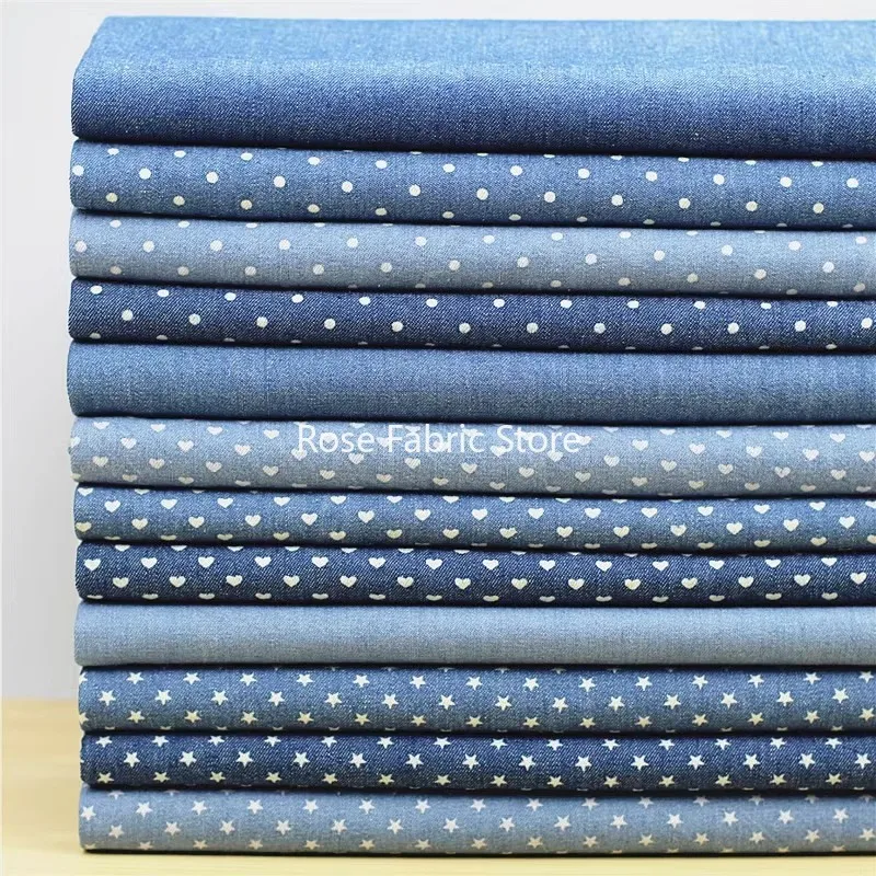 1 meter Pure Cotton Washed Denim Fabric Clothing Material Solid Color Cotton Water Washed Jeans Fabric Heart Dot Star Fabrics