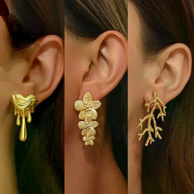 Stainless Steel Flower Earrings For Women Trend Simple Geometric Gold Color Piercing Ear Accessories Wedding Jewelry Gifts