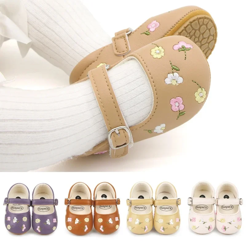 Baby Girls Mary Jane Flats PU Leather Infant Dress Shoes Floral Embroidery Princess Shoes