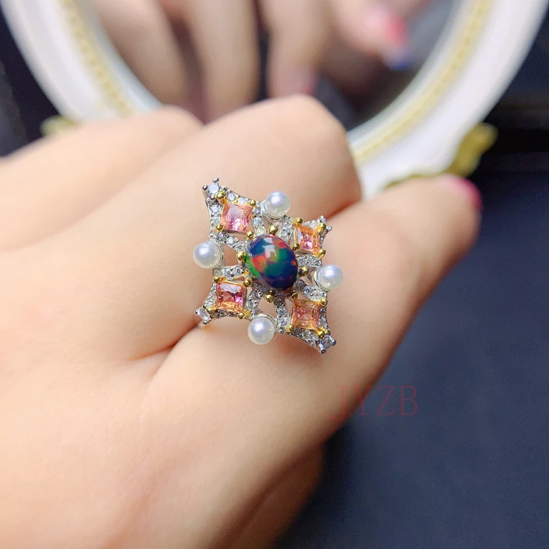 Natural dazzling color Opal ring s925 silver plated 18k gold fire color flash Japan and South Korea trend fashion versatile