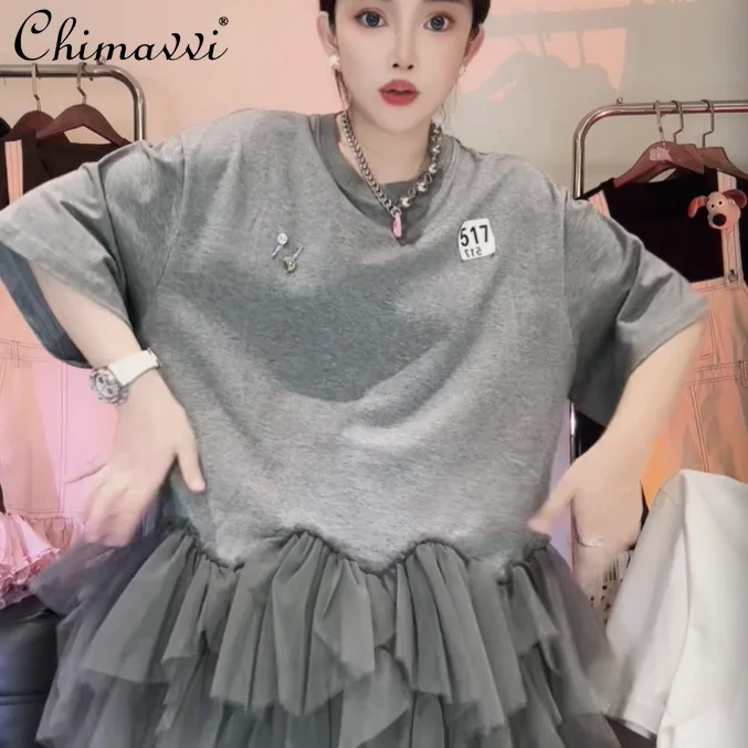 2025年新作 夏 メッシュステッチ 半袖 シンプル Tシャツワンピース 学生 レディース カジュアル ホワイト＆グレー ショート丈Tシャツワンピース