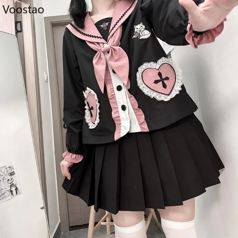 Japanese Preppy Style School JK Uniform Sets Women Gothic Bow Cartoon Embroidery Tops Mini Pleated Skirt Suit Y2k Lolita Outfits