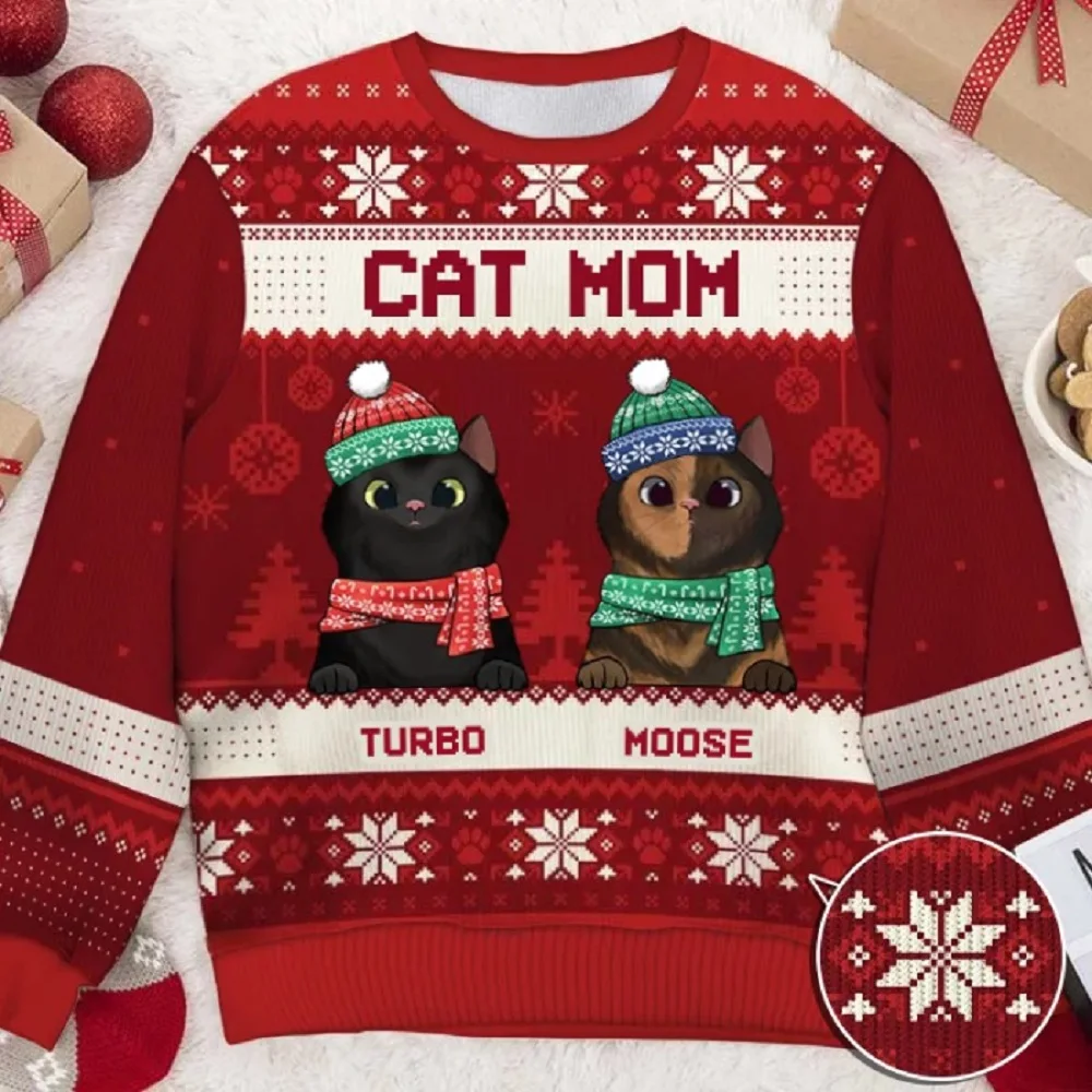 

Xmas Santa Claus Cat Animal Colorful Tattoo Retro 3D Print Funny Christmas Ugly Knitted Sweater Casual Long Sleeves Clothes
