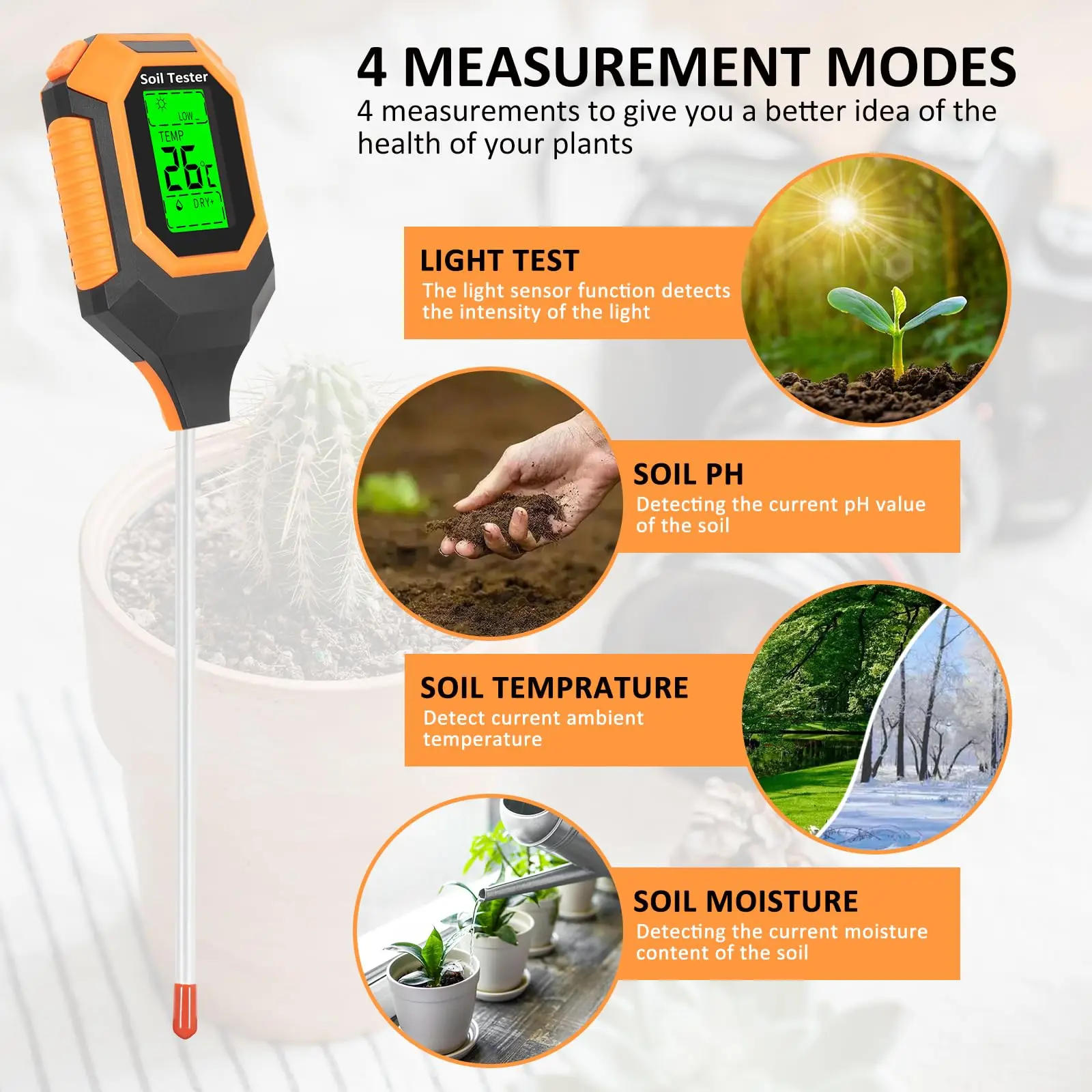 Multi-Function Soil Tester PH/Salinity/Moisture/Sunlight/Air Humidity/Temp Backlight LCD 4 in 1  PH Meter for Gardening Plants